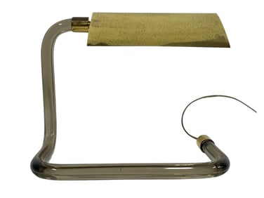 KNOLL STYLE SMOKEY LUCITE AND BRASS TABLE LAMP
