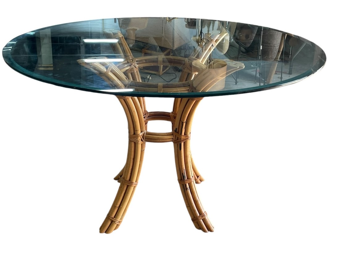 BAMBOO RATTAN DINING TABLE WITH GLASS TOP 48" (1 of 7)