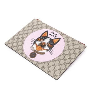 GUCCI BOSCO PATCH ZIP CLUTCH BEIGE/RED/PINK