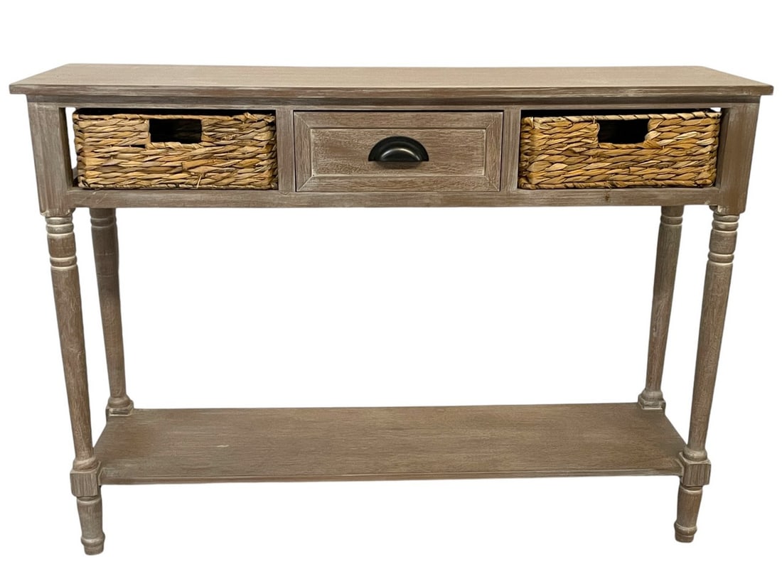 COASTAL COTTAGE RUSTIC CONSOLE WITH RATTAN DRAWERS: COASTAL COTTAGE RUSTIC CONSOLE WITH RATTAN WEAVE DRAWERS -32" X 44" X 13.5" APPROX -VERY GOOD PRE OWNED CONDITION -DP101524
