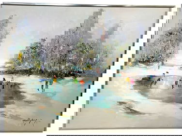 LOUISE HUBYACK WINTER LANDSCAPE OIL PAINTING 40.5"