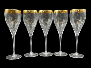 SET OF 5 VINTAGE GOLD RIMMED WINE GLASSES