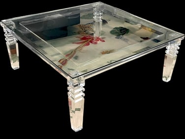 MID MOD LUCITE AND GLASS COFFEE TABLE 42"