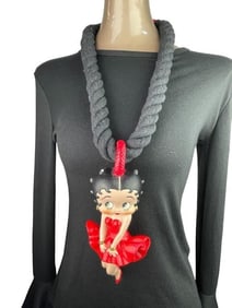 LARGE BETTY BOOP NECKLACE BLACK COTTON ROPE