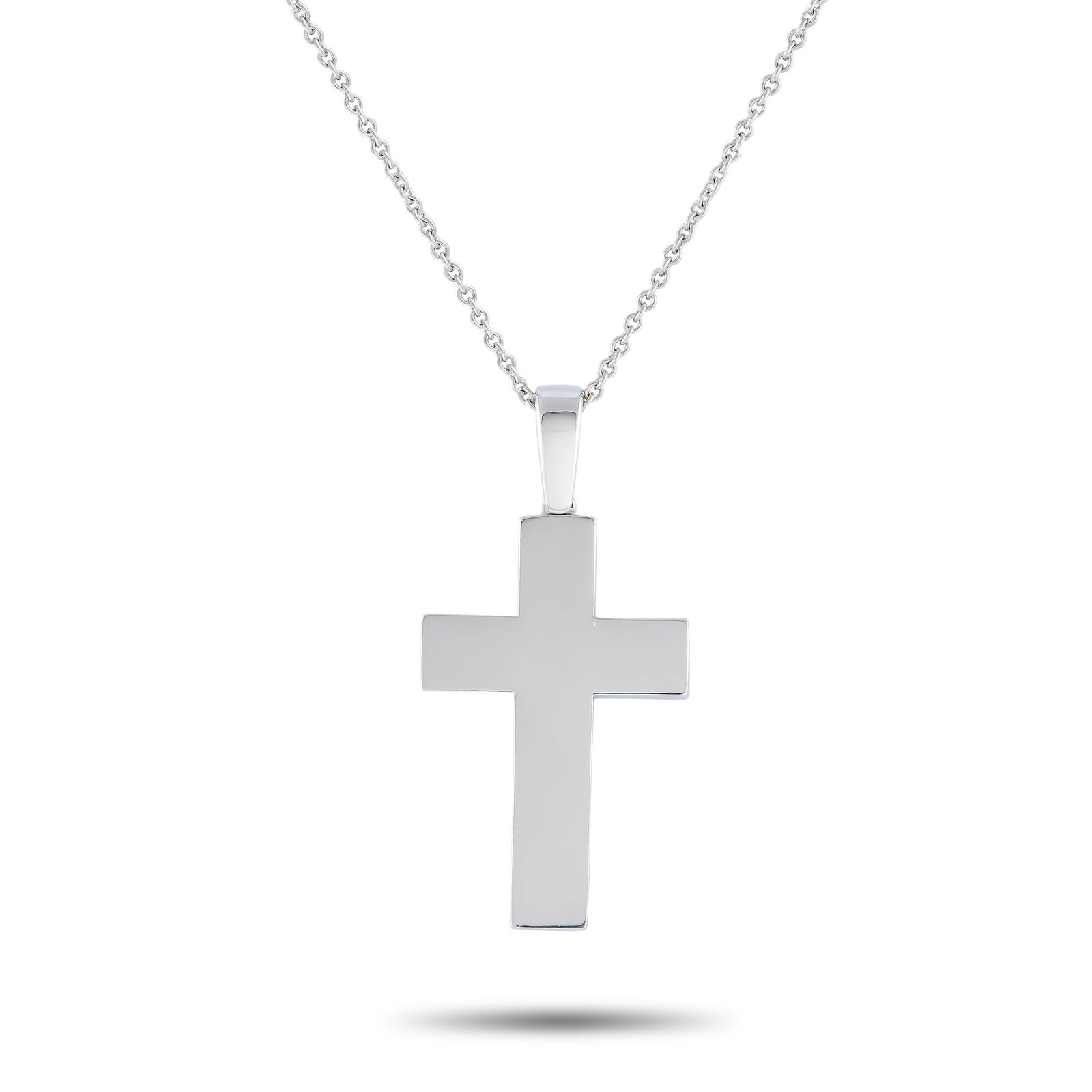 BUCHERER 18K WHITE GOLD CROSS PENDANT NECKLACE: Profess your faith through this cross necklace designed by Bucherer. It comes with a smooth and polished white gold cross pendant on a white gold chain. This necklace's clean lines and minimalist prof