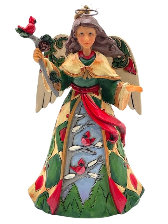 JIM SHORE SIGNED ANGEL WITH CARDINALS ORNAMENT: JIM SHORE SIGNED ANGEL WITH CARDINALS ORNAMENT -VERY GOOD CONDITION -HANGING ORNAMENT -APPROX 4.5" TALL -JA 111324 #6 ***Please note that due to limited storage space, all items must be picked up with
