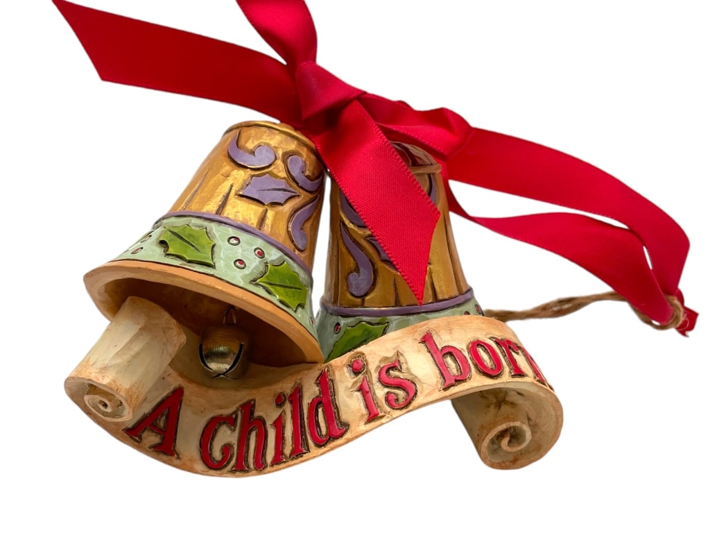 JIM SHORE A CHILD IS BORN BELLS ORNAMENT: JIM SHORE A CHILD IS BORN BELLS ORNAMENT -VERY GOOD CONDITION -HANGING ORNAMENT WITH BELLS -APPROX 4" WIDE -JA 111324 #6 ***Please note that due to limited storage space, all items must be picked up w