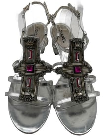 CHANEL RHINESTONE SANDALS SILVER SIZE 9 FRANCE