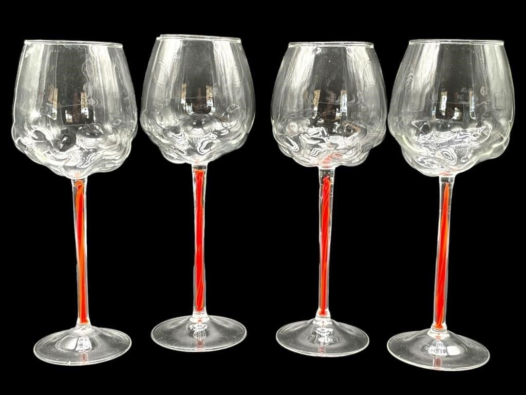 4 UNIQUE ENCASED RED TWIST STEMMED WINE GLASSES: SET OF 4 UNIQUE ENCASED RED TWIST STEMMED WINE GLASSES -VERY GOOD PRE OWNED CONDITION -DP71924