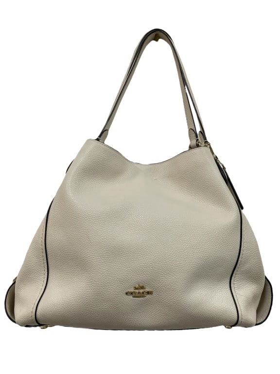 COACH EDIE SHOULDER BAG WHITE: COACH EDIE SHOULDER BAG WHITE -GOOD PRE OWNED CONDITION, SOME PEN PARKS AND GENERAL WEAR -BAG 14" X 11" -HANDLE 9" -JA 111424 ***Please note that due to limited storage space, all items must be picked