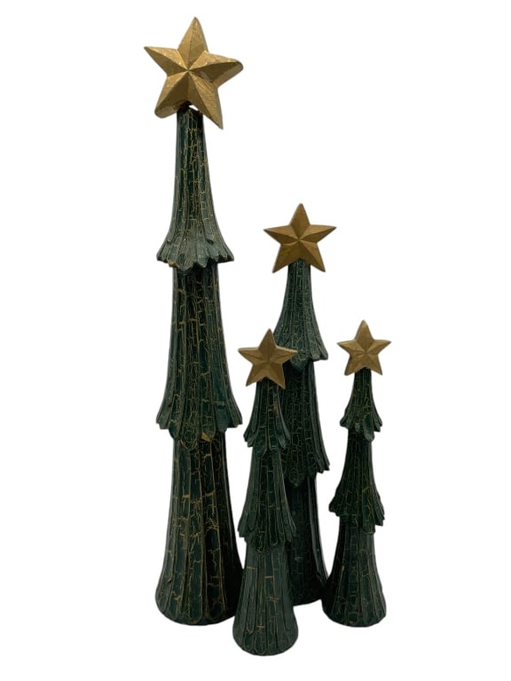 PIER 1 WOOD CHRISTMAS TREES FOUR PIECES: PIER 1 WOOD CHRISTMAS TREES FOUR PIECES -VERY GOOD CONDITION -TALL TREE APPROX 22" -MEDIUM TREE APPROX 16.5" -SMALL TREES APROX 12" -JA 111424 #16 ***Please note that due to limited storage space, all