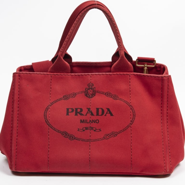 PRADA CANAPA TOTE RED: PRADA CANAPA TOTE RED CANVAS A SHOULDER BAG -RED -CANVAS -34,5*22*22CM -STRAP, DUSTBAG -CONDITION RATING A -AAQ7922 -JA 110524 ***Please note that due to limited storage space, all items must be picke