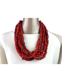 RED STONE BEADED MULTI STRAND NECKLACE