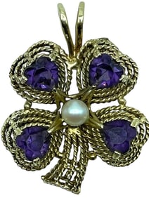 14K GOLD & AMETHYST FOUR LEAF CLOVER PENDANT 19.5G