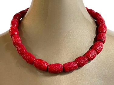 CARVED ITALIAN NATURAL 700CTS RED CORAL NECKLACE