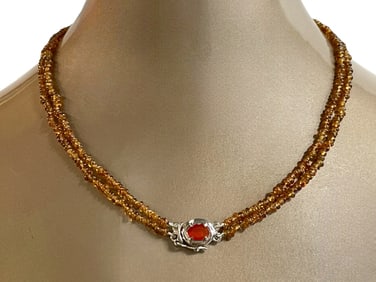 925 NATURAL HESSONITE GARNET FIRE OPAL NECKLACE