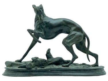 AFTER PIERRE-JULES MENE DOG W A HARE BRONZE STATUE