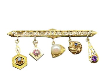 18K GOLD & GEMSTONE VICTORIAN STYLE BROOCH PIN