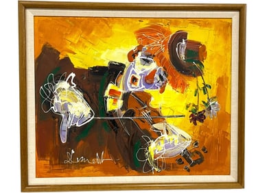 LUCIEN DESMEDT SAD CLOWN OIL PAINTING 27"