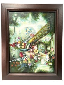 LARGE BELLINI PEACOCK OIL PAINTING 49.5"