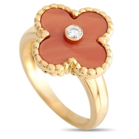 VAN CLEEF & ARPELS 18K DIAMOND & CORAL RING SZ 5