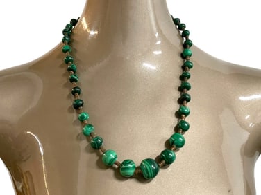 VINTAGE MALACHITE BEADED NECKLACE 24"