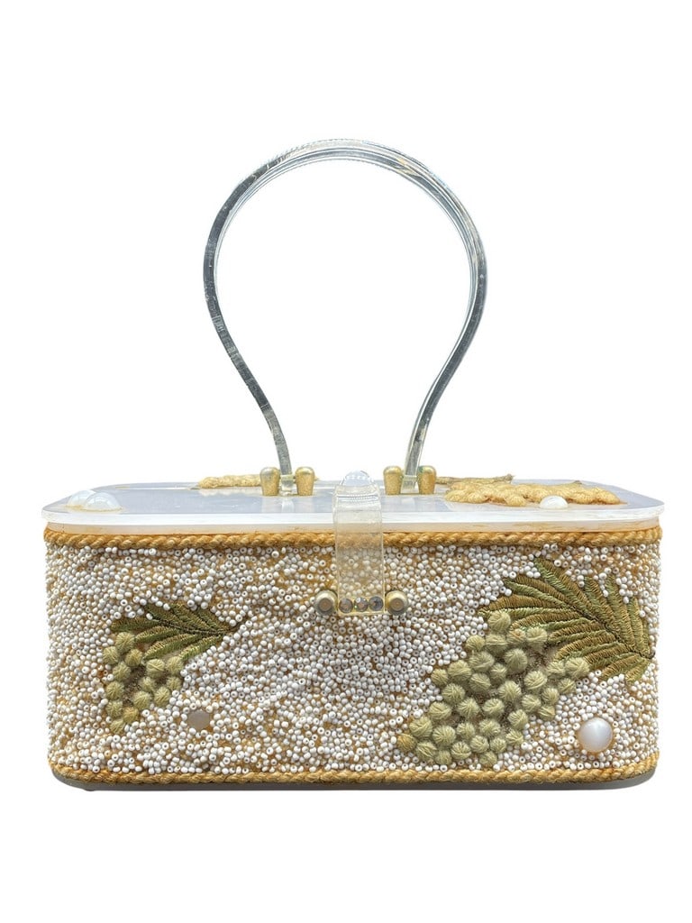 MID MOD MIDAS OF MIAMI LUCITE BEAD HANDBAG: MIDAS OF MIAMI MID CENTURY LUCITE AND BEAD HANDBAG -4" H X 8" X 5" W 5" HANDLE -VERY GOOD PRE OWNED CONDITION WEAR TO INSIDE, SEE PHOTOS -DP1111824 ***Please note that due to limited storage space, al