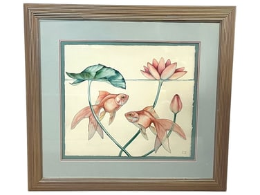 ASIAN LOTUS, LILYPAD, & KOI FISH WATERCOLOR 36"