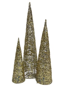 SET OF THREE GOLD SEQUIN WIRE LIGHT UP TREES