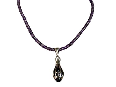 CAGED AMETHYST & STERLING CHARM PENDANT 11"