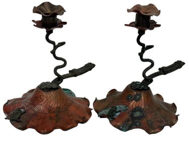 MODERNIST FROG ON LILLY PAD BRONZE CANDLESTICKS