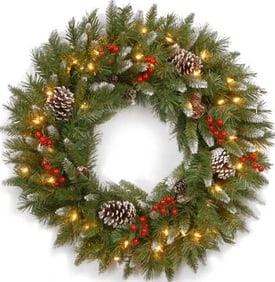NEW!!!  30" FROSTED BERRY WREATH W CLEAR LIGHTS