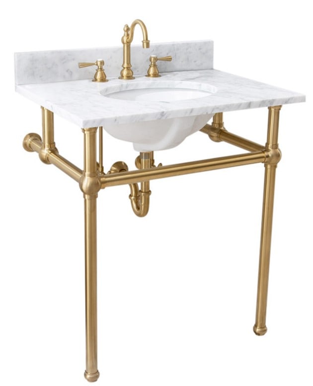 NEW! WATER CREATIONS 30" WASH STAND & MARBLE SINK: NEW!!! WATER CREATIONS SATIN BRASS EMBASSY 30" WASH STAND AND P-TRAP WITH CARRERA MARBLE SINK AND BACKSPLASH | -NEW IN BOX-*****TOP FAUCET NOT INCLUDED!! BASE, SINK AND P TRAP ONLY -DP112024 ***Please