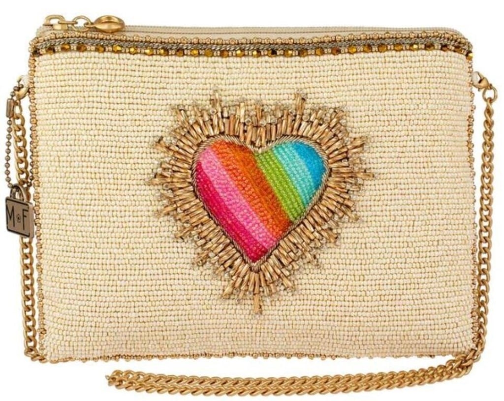 -NEW MARY FRANCES LOVE AFFAIR RAINBOW CROSSBODY: -NEW MARY FRANCES LOVE AFFAIR RAINBOW CROSSBODY -Removable crossbody chain strap, zipper closure, inside pocket, fits a cell phone This is a handmade item, each one an individual work of art. Slight v