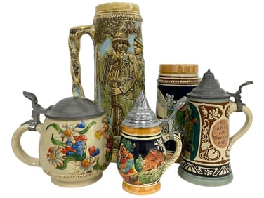 SET OF 5 VINTAGE GERMAN BEER STEINS