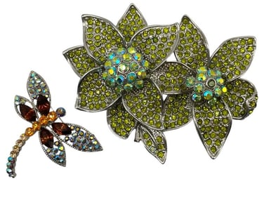 DRAGONFLY AND FLOWER RHINESTONE BROOCHES