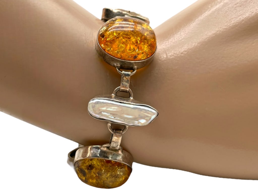 AMBER PEARL AND STERLING STATEMENT BRACELET 28.70G (1 of 7)
