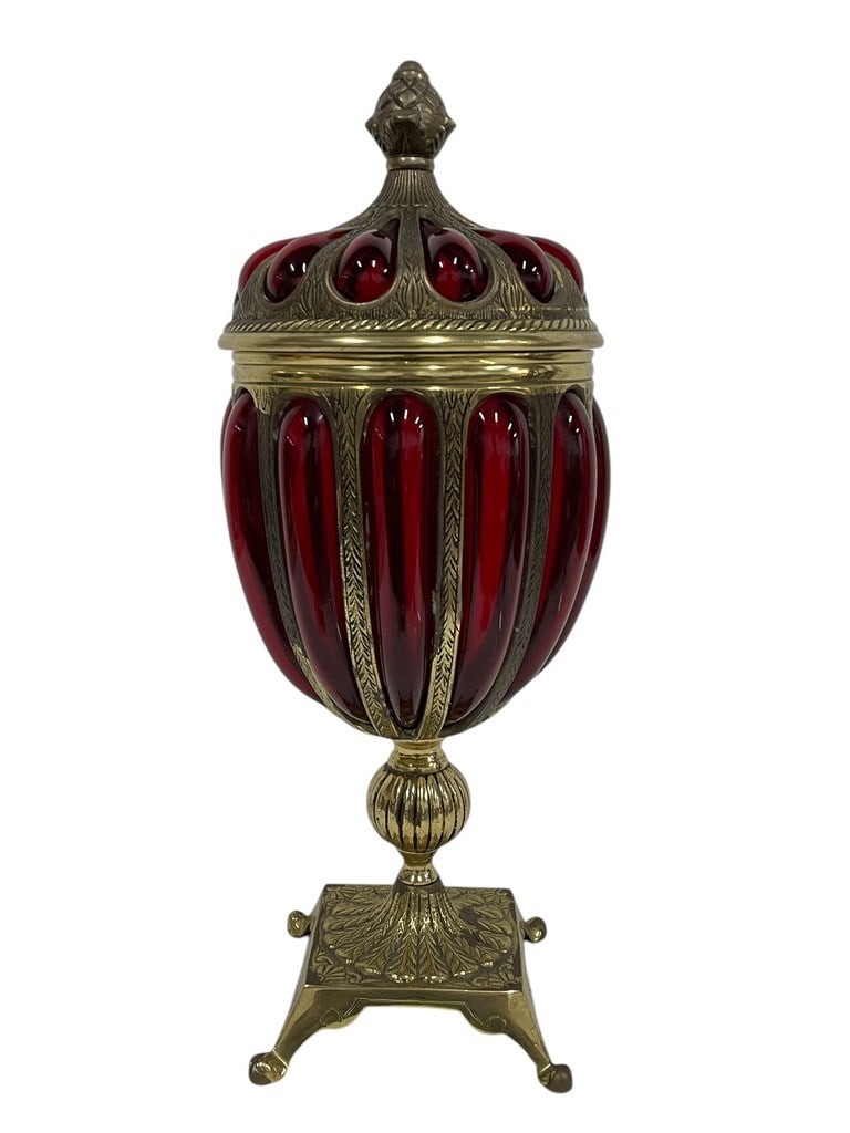 ORNATE RUBY RED GLASS AND BRASS LIDDED URN (1 of 7)