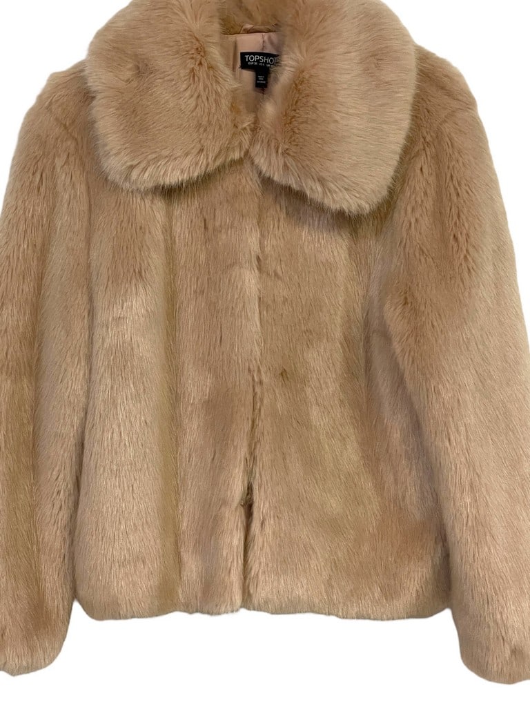 TOP SHOP PINK FAUX FUR COAT SZ 6: TOP SHOP DUSTY PINK FAUX FUR COAT SZ 6 -VERY GOOD PRE OWNED CONDITION -DP112624