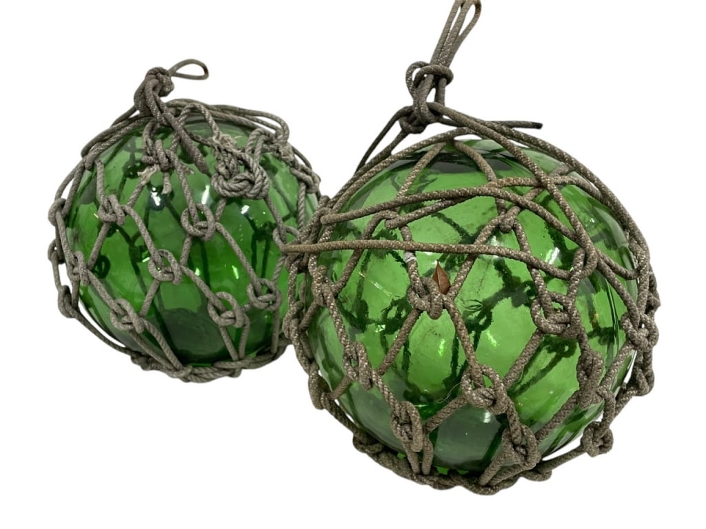GREEN GLASS NAUTICAL FISHING BUOY W ROPE 12" PAIR (1 of 6)