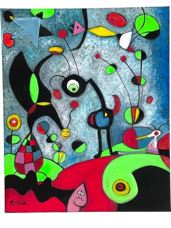 MANNER OF JOAN MIRO SURREALIST GARDEN PAINTING 22" (1 of 4)