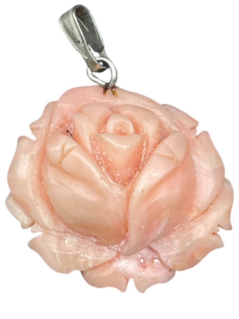 ANGELSKIN CORAL ROSE PENDANT CHARM: VINTAGE CORAL ROSE PENDANT CHARM | HAND CARVED NATURAL ANGEL SKIN PEACH PINK BLUSH FLOWER FLORAL -VERY GOOD PRE OWNED CONDITION -DP11524