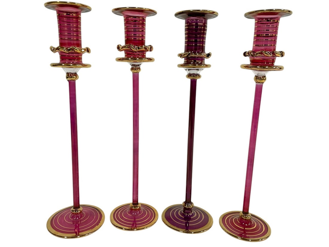4 TALL CRANBERRY GLASS CANDLESTICKS W GOLD 10" (1 of 8)