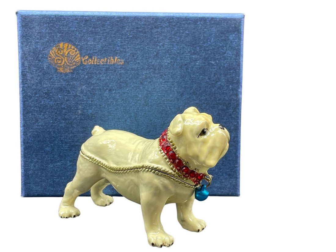 NEW!! JEWELED ENAMEL BULLDOG TRINKET BOX BLUE: JAY STRONGWATER STYLE JEWELED ENAMEL CHRISTMAS HOLIDAY BULLDOG WITH BLUE ORNAMENT COLLAR TRINKET BOX -SIZE 3.5" APPROX -NEW WITH BOX -DP12224 // ***Please note that due to limited storage space, all i