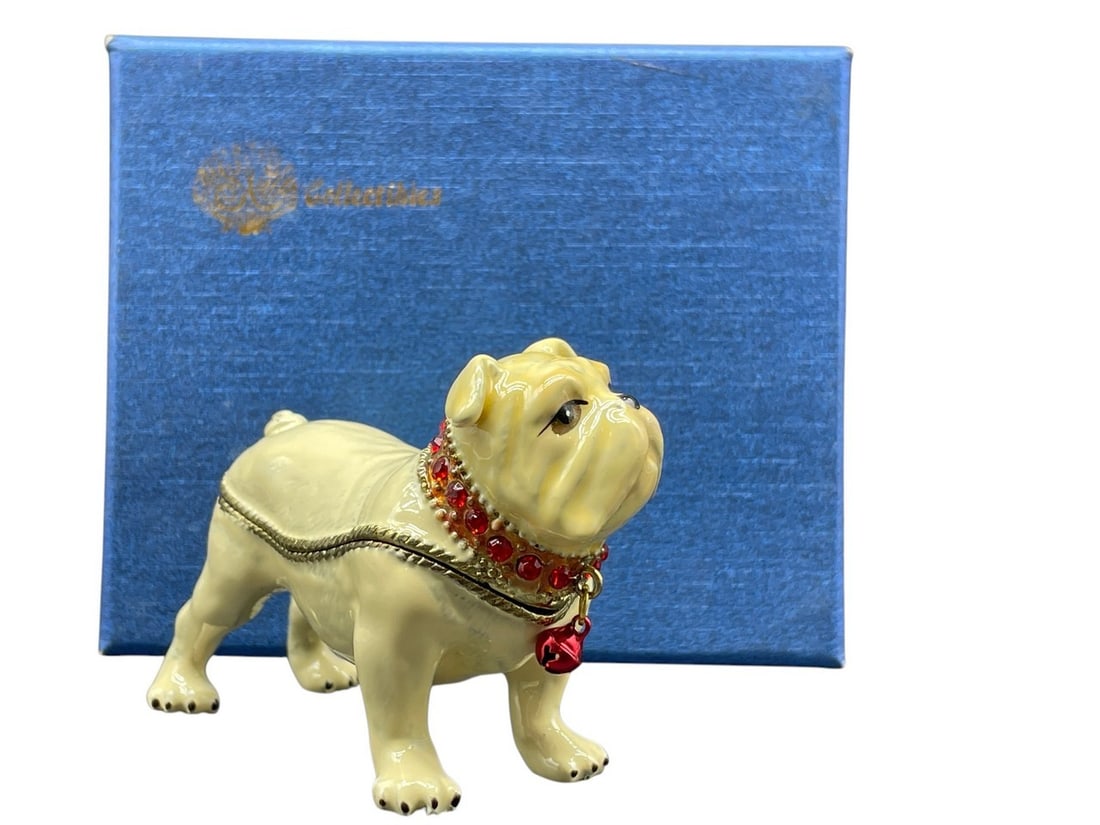 NEW!! JEWELED ENAMEL BULLDOG TRINKET BOX RED: JAY STRONGWATER STYLE JEWELED ENAMEL CHRISTMAS HOLIDAY BULLDOG WITH RED ORNAMENT COLLAR TRINKET BOX -SIZE 3.5" APPROX -NEW WITH BOX -DP12224 // ***Please note that due to limited storage space, all it