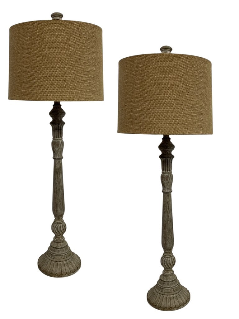 PAIR OF RUSTIC CARVED WOOD TABLE LAMPS 31" (1 of 6)