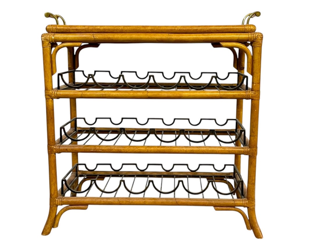 VINTAGE LEXINGTON TRAY TOP RATTAN WINE BAR 31": VINTAGE LEXINGTON BAMBOO RATTAN WINE RACK CONSOLE TABLE WITH REMOVABLE WICKER TOP WITH HANDLES | MID MOD COASTAL MODERN FLORIDA REGENCY -31" H X 31" W X 14" D APPROX -VERY GOOD PRE OWNED CONDITION ,MI