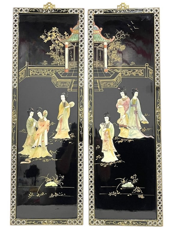 CHINESE BLACK LACQUER & POLISHED STONE WALL PANELS (1 of 8)