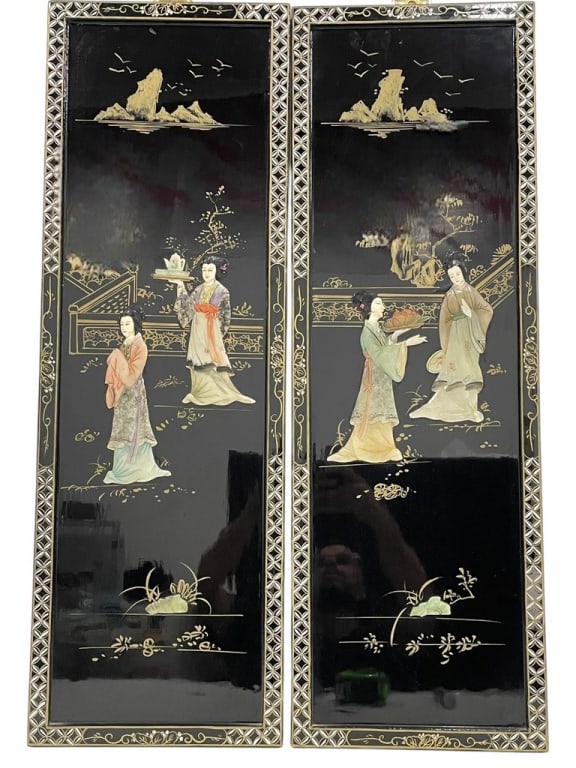 CHINESE BLACK LACQUER & POLISHED STONE WALL PANELS (1 of 6)