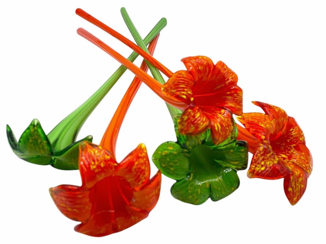 5 MURANO STYLE ART GLASS LONG STEMMED FLOWERS 19": SET OF 5 MURANO STYLE ART GLASS LONG STEMMED FLOWERS IN VIBRANT ORANGE AND GREEN -19" X 4" DIAMETER APPROX EACH -VERY GOOD PRE OWNED CONDITION -DP12424 #9